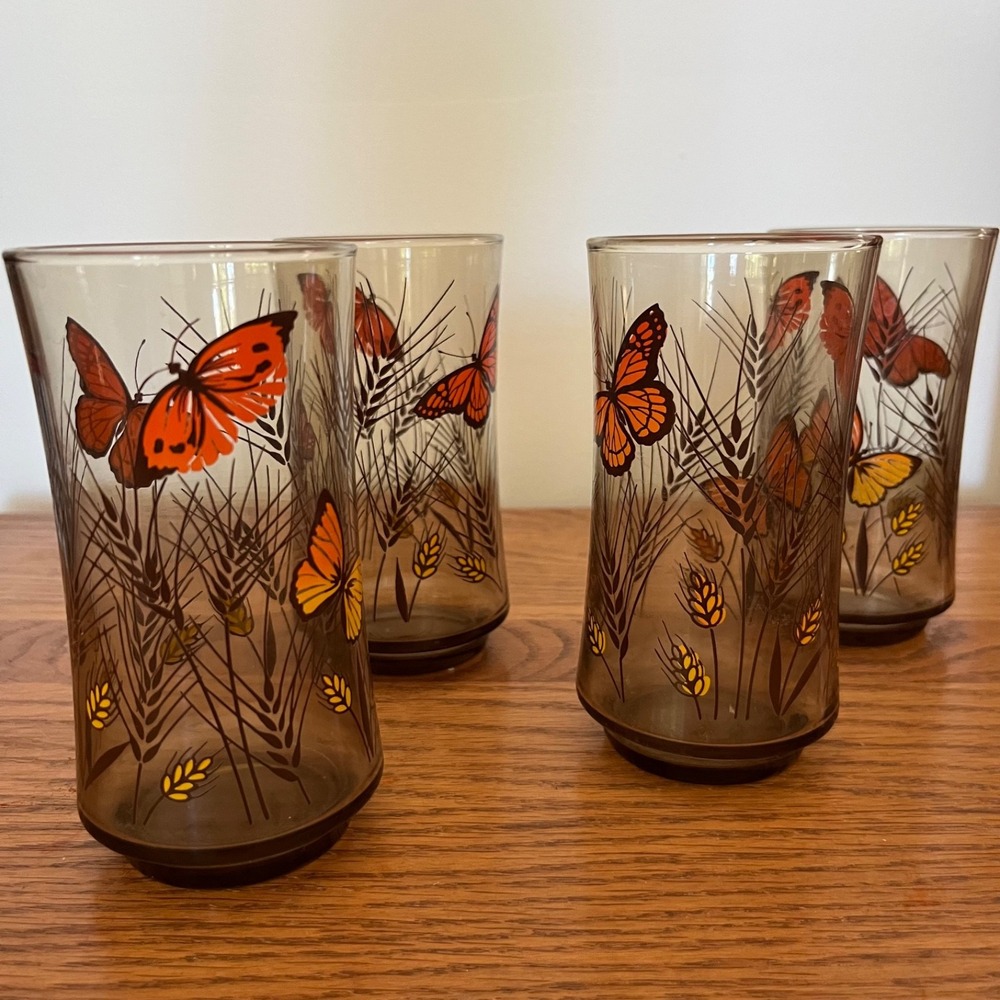 Libbey Monarch Butterfly & Wheat Tumbler Glasses Set of 4 Vintage 60s 70s MCM
